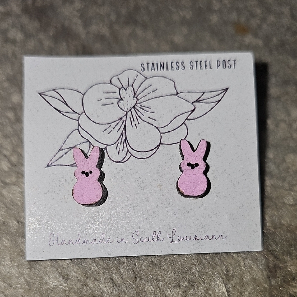 Pink Peep Wood Bunny Earrings